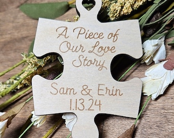 Personalized Puzzle Piece Wedding Favor Magnet: Rustic Keepsake