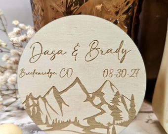 Mountain Wedding Favor Magnet: Rustic Engraved Wood