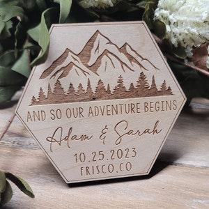 Wedding Favor Magnet // Mountain Scene Favor // Mountain Wedding // Mountain Save the Date // And so the adventure begins