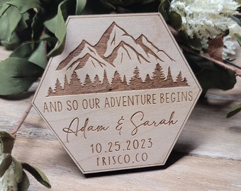 Wedding Favor Magnet // Mountain Scene Favor // Mountain Wedding // Mountain Save the Date // And so the adventure begins