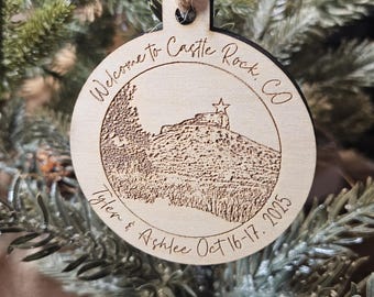Custom Location Wedding Ornament: Engraved Wood, Colorado Favor