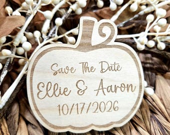 Engraved Wood Pumpkin Save The Date Magnet, Fall Wedding