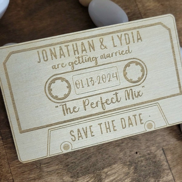 Custom Save the Date Wood Retro Cassette Player Mixed Tape Laser Engraved Wood The Perfect Mix Vintage Wedding Favor