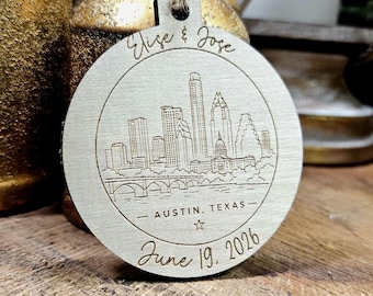 Custom Location Wedding Ornament: Engraved Wood, Texas Custom
