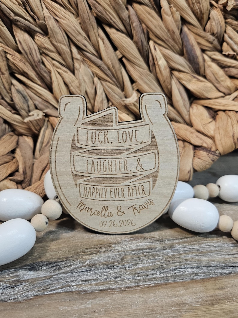 Personalized Horseshoe Wedding Favor Magnet: Engraved Barn Wedding Keepsake image 1
