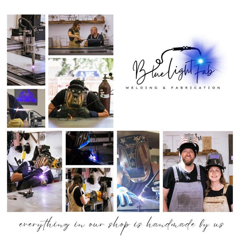 K&ouml;nnte beinhalten: Eine Collage von Bildern, die Schwei&szlig;- und Fertigungsarbeiten zeigen. Das zentrale Bild zeigt das Firmenlogo "Blue Light Fab" mit dem Slogan "Welding & Fabrication". Zus&auml;tzliche Fotos zeigen Schwei&szlig;prozesse und Werkstattszenen, mit dem Text "everything in our shop is handmade by us."