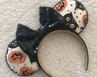 Orejas de ratón de Halloween: Estampado de calabaza, búho y gatito con lazo de lentejuelas negras