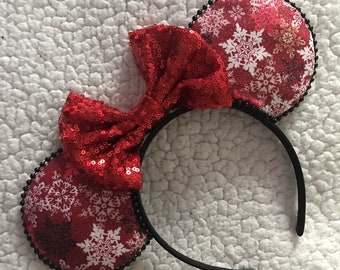Copo de nieve rojo y blanco Diadema de Disney / Diadema de Disney / Orejas de Mickey Mose