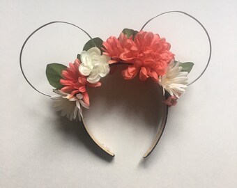 Orejas florales de coral y blanco de Mickey Mouse / Diadema de orejas de Mickey Mouse / Diadema de flor de Diseny