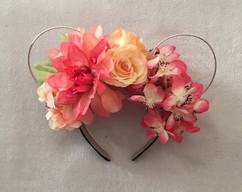 Diadema floral con orejas de Mickey Mouse: flores de seda rosas y naranjas