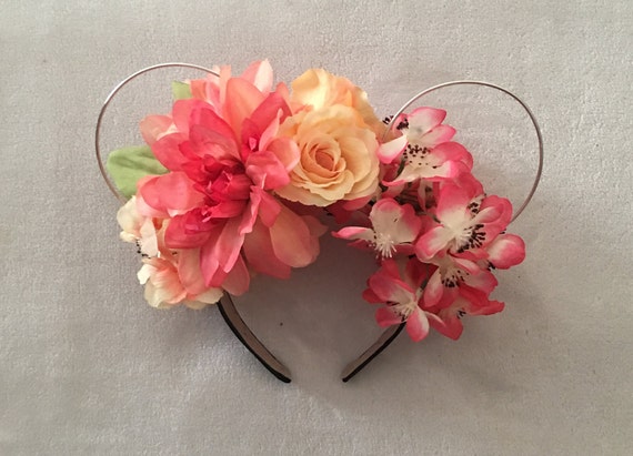 Floral Mickey Mouse Ear Headband: Pink & Orange Silk Flowers  display picture 1