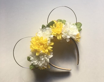 Amarillo y blanco Floral Mouse Diadema / Mickey Mouse Floral Diadema / Minnie Mouse Flower Diadema / Disney Flower Headband
