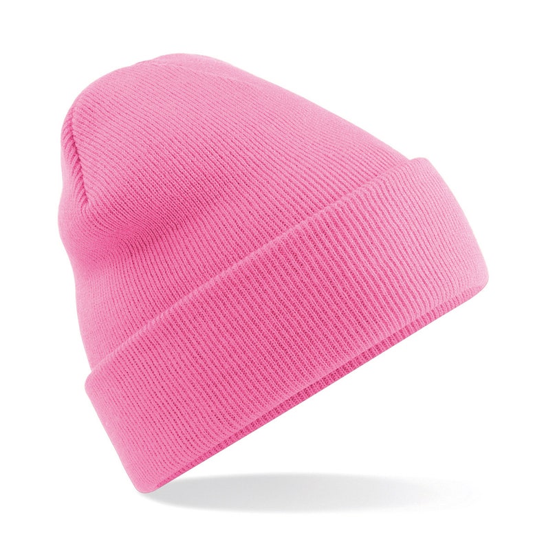 Customised Embroidered Beanie Adult Cuffed Woolly Knit Ski Hat with Name Slogan Personalised Winter For Men and Women Classic Pink