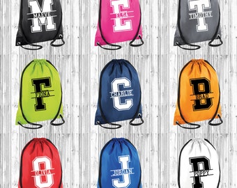 Personalised Drawstring School Bag, Kids Name and Split Letter Monogram Club PE Custom Name Childrens Bag Kids Backpack Soccer Bag Gym Sac