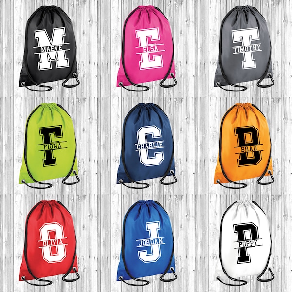 Personalised Drawstring School Bag, Kids Name and Split Letter Monogram Club PE Custom Name Childrens Bag Kids Backpack Soccer Bag Gym Sac