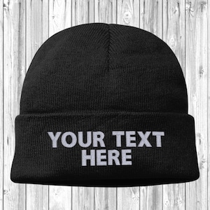 Customised Embroidered Beanie Adult Cuffed Woolly Knit Ski Hat with Name Slogan Personalised Winter For Men and Women Black