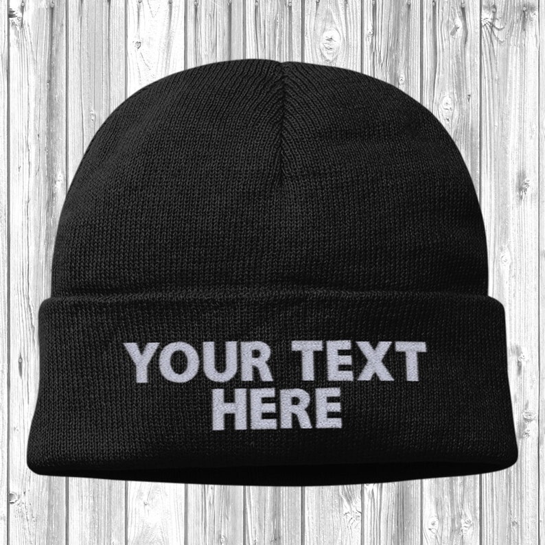 Customised Embroidered Beanie Adult Cuffed Woolly Knit Ski Hat with Name Slogan Personalised Winter For Men and Women Black
