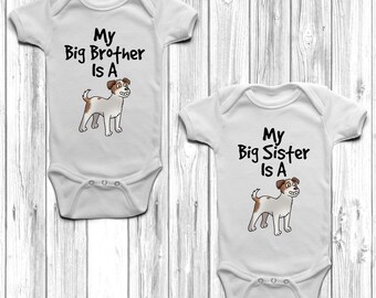 My Big Brother or Sister Is A Jack Russell Baby Grow Body Suit Vest Gift Present
