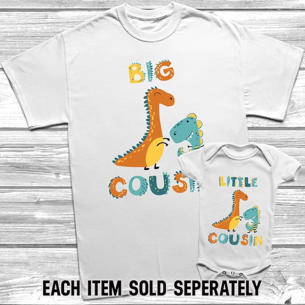 Dinosaur Big Cousin Little Cousin T-Shirt Or Baby Grow, Cousin Set, Outfits, Matching, Bodysuit, Themed Kids,