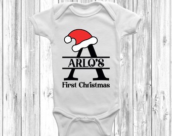 Personalised Baby’s First Christmas Baby Grow, Custom Name & Initial Bodysuit, Santa Baby Outfit, Festive Gift, Babys 1st Christmas Keepsake