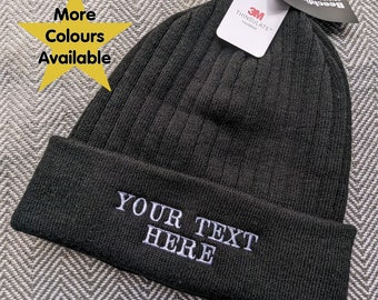 Customised Embroidered Thinsulate Beanie Adult Cuffed Woolly Knit Ski Hat with Name Slogan Personalised Winter For Men and Women