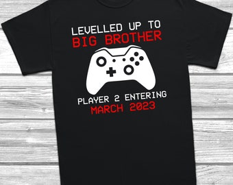 Levelled Up To Big Brother T-Shirt Tee Top Personalised Custom Pregnancy Birth Announcement New Baby Reveal Player 2 Gamer