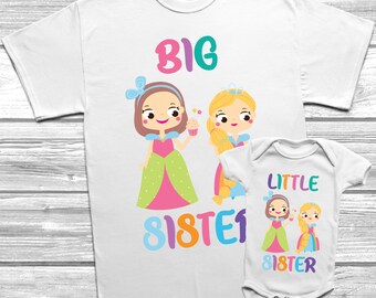 Princess Big Sister Little Sister T-Shirt Themed Kids Baby Grow Sisters Set Outfits Matching Bodysuit