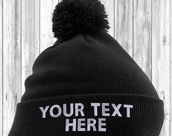 Customised Embroidered Bobble Hat Beanie Adult Cuffed Woolly Knit Ski Hat with Name Slogan Personalised Winter For Men and Women