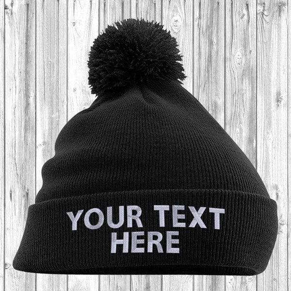 Customised Embroidered Bobble Hat Beanie Adult Cuffed Woolly Knit Ski Hat with Name Slogan Personalised Winter For Men and Women