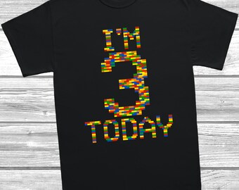 I'm 3 Today Building Block T-Shirt 3rd Birthday Tee, Boys or Girls, Bricks Shirt