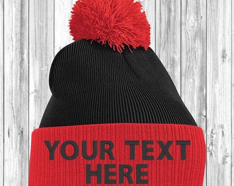 Personalised Two Tone Pom Pom Beanie Bobble Hat With Name Slogan Personalised Winter For Men and Women