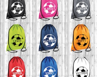 Personalised Football Drawstring School Bag, Kids Name, Club PE Custom Name Childrens Bag Kids Backpack Soccer Bag Gym Sac