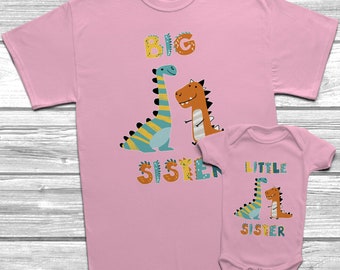 Pink Dinosaur Big Sister Little Sister T-Shirt Themed Kids Baby Grow Sisters Set Outfits Matching Bodysuit