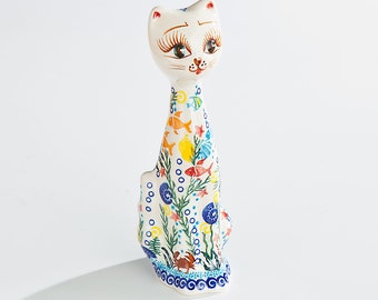 Polish Pottery Sea Life Patterned Cat Figurine | Made in Poland