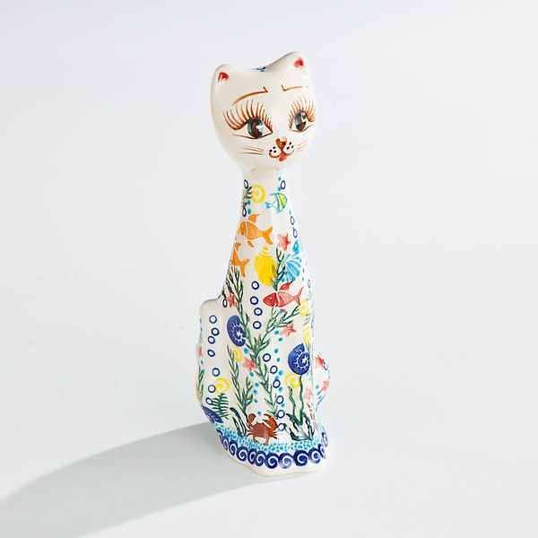Polish Pottery Sea Life Patterned Cat Figurine | Made in Poland