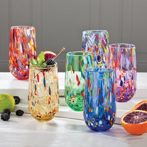 Murano-Style Rainbow Millefiori Tumbler Glasses | Set Of 6 | Colorful Water Drinking Glass Set | Made in Italy
