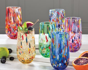 Murano-Style Rainbow Millefiori Tumbler Glasses | Set Of 6 | Colorful Water Drinking Glass Set | Made in Italy