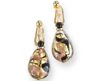 Black & Gold Murano Glass Clip-On Earrings | Made in Italy
