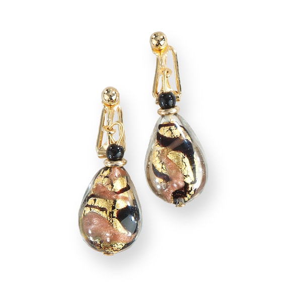 Black Gold Murano Glass Clip on Earrings Made in Italy Etsy