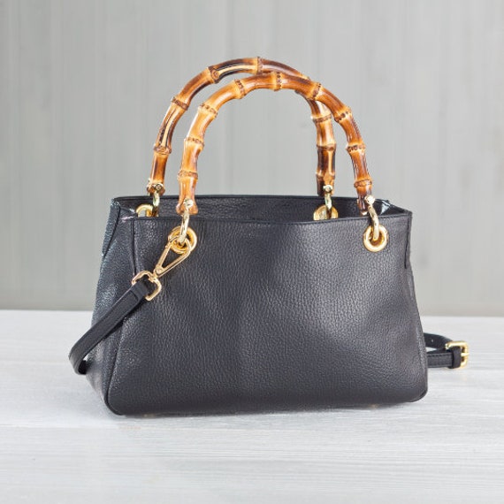 Italian Leather Handbag with Bamboo Handle