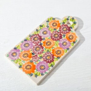 Polish Pottery Orange & Purple Daisies Floral Cutting Board