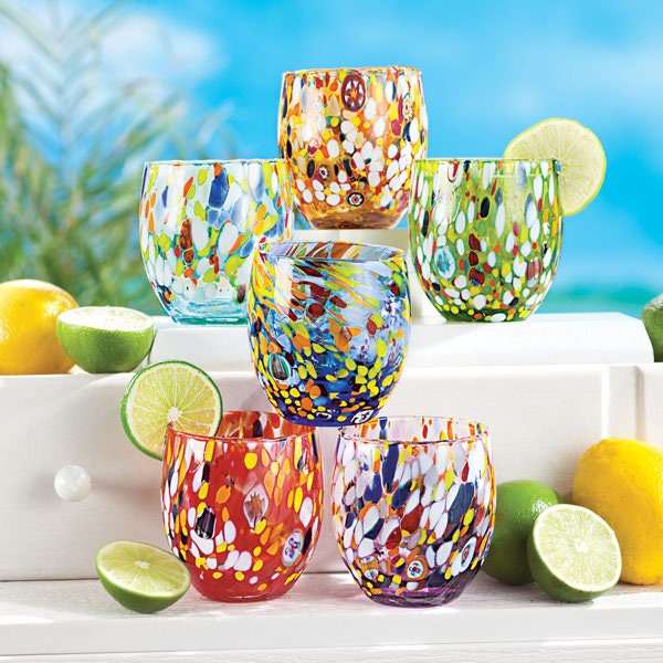 Dos Sue?s Mexican Hand Blown Glass - Set of 4 Hand Blown Margarita Glasses Confetti Rock (16 oz) A