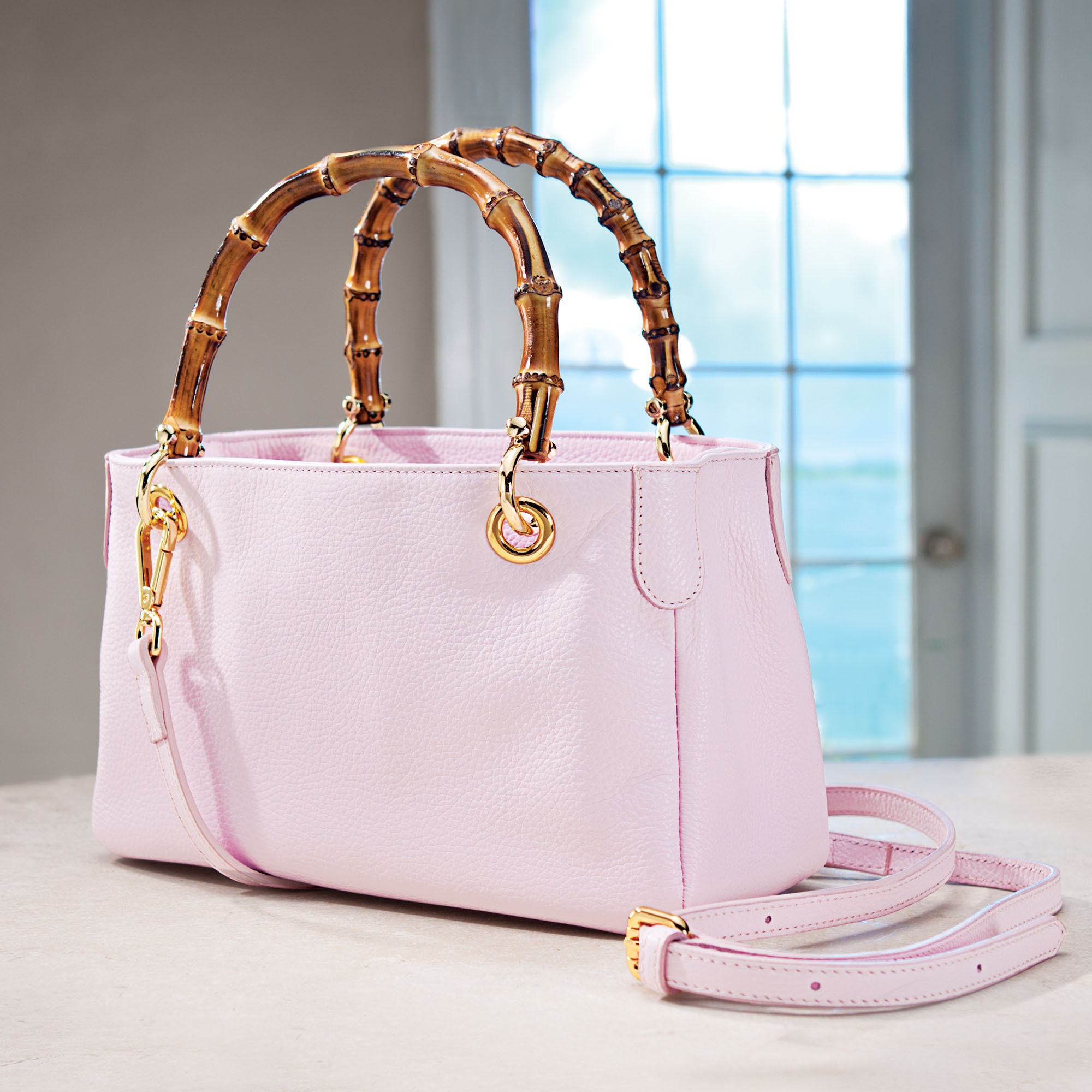 Baby Pink Florentine Leather And Bamboo Handbag Etsy