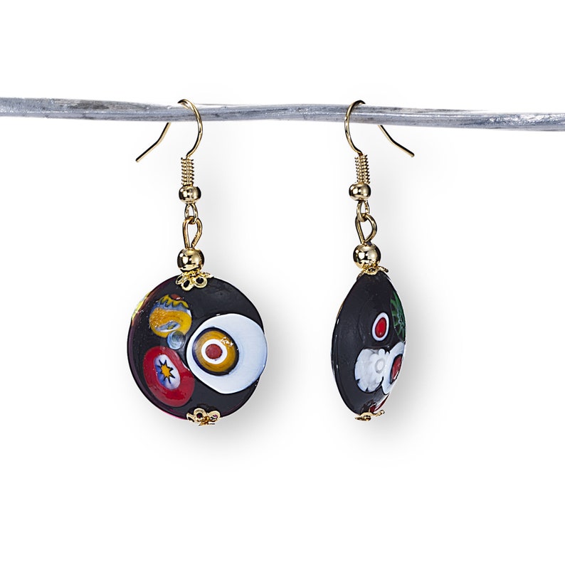 Made in Italy Murano Glass Millefiori Black Red And White Drop Earrings