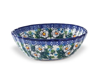 White Daisies & Greenery Wavy Polish Pottery Bowl | Made in Poland