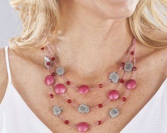 Murano Glass and Druzy Pink and Grey Beaded Multi Strand Necklace | Made in Italy