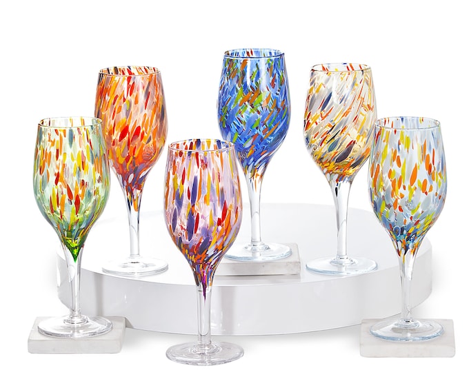 Murano Style Glass Rainbow Confetti Wine Glasses Set Of 6 | Made in Italy