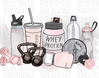 May include: A watercolor illustration of fitness and gym equipment, including a protein shaker, water bottles, dumbbells, kettlebells, a weight plate, and a hair tie. The illustration is in pink, gray, and black tones.