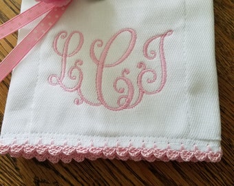 Baby Girl or Boy Burp Cloth, Pink, Burp Cloth, Hand Crocheted Edging, Monogrammed, Personalized, New Born Baby Gift, Baby Shower Gift Set,