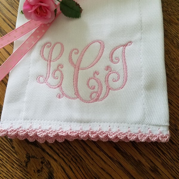 Baby Girl or Boy Burp Cloth, Pink, Burp Cloth, Hand Crocheted Edging, Monogrammed, Personalized, New Born Baby Gift, Baby Shower Gift Set,